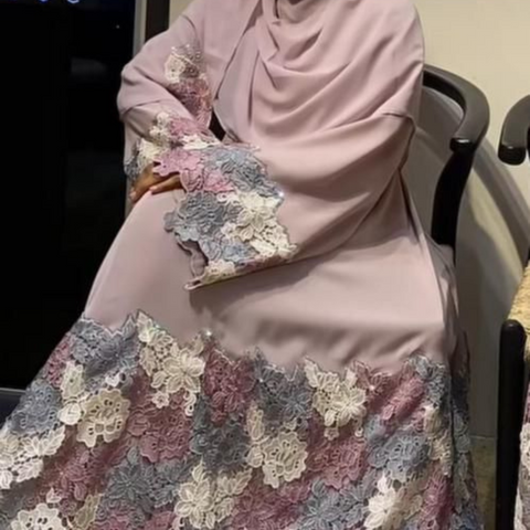 Pastel Pink Abaya with Multicolor Floral Lace Appliques