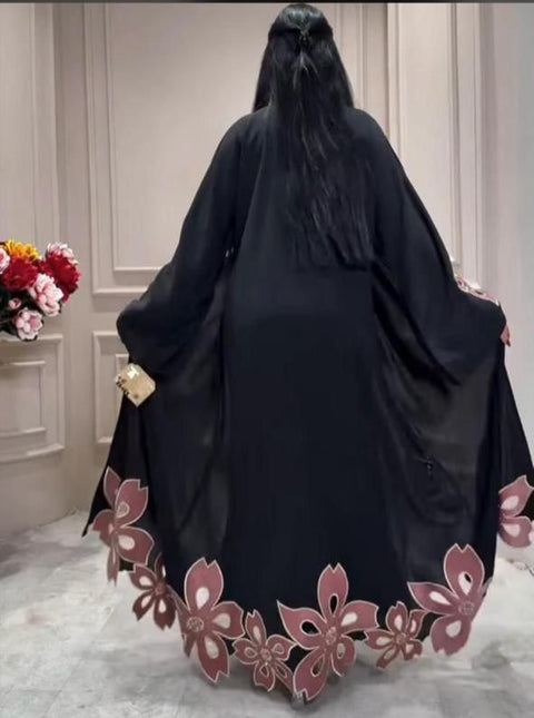 Black Abaya with Pink Floral Appliqué Border