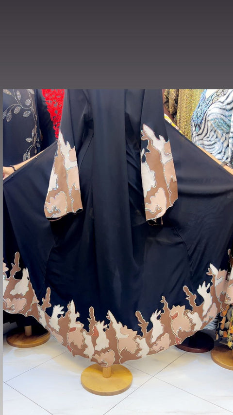 Elegant Black Abaya with Beige Embroidered Applique