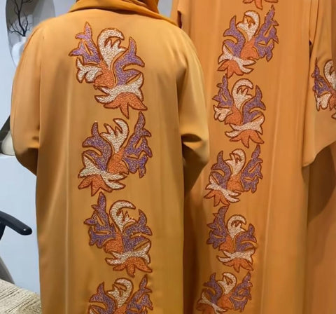 Mustard Hooded Abaya with Multicolor Embroidered Leaf Design