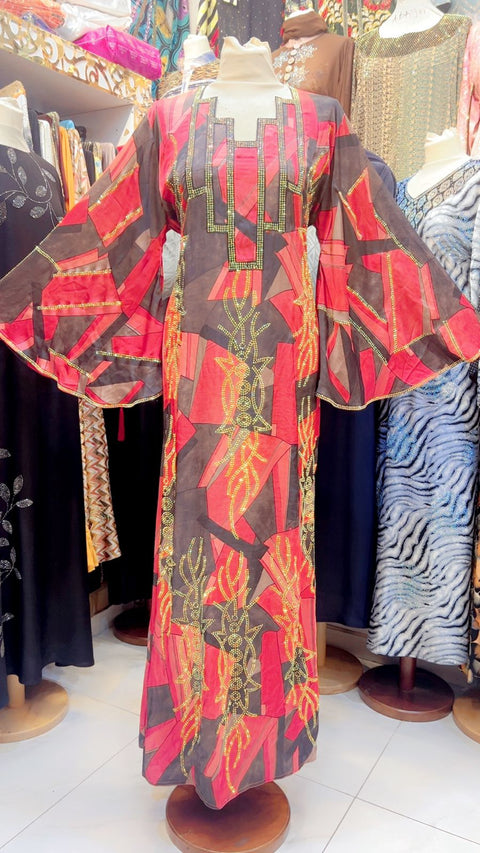 Bold Red and Brown Geometric Patterned Abaya with Flared Sleeves