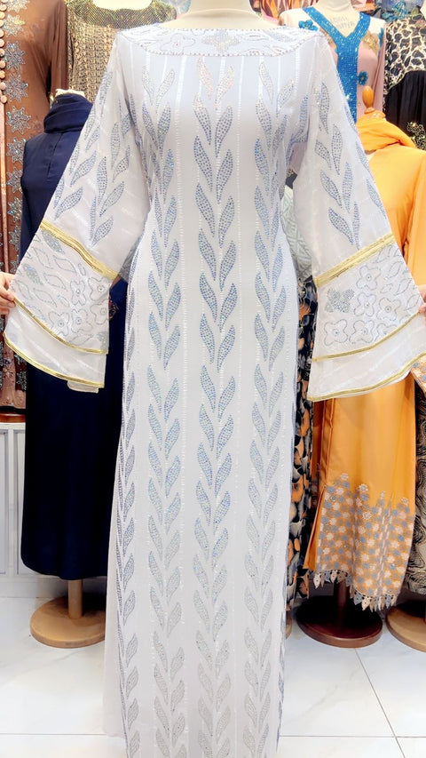White Embellished Abaya with Floral and Leaf Motif