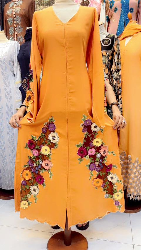 Elegant Orange Floral Embroidered Long Dress