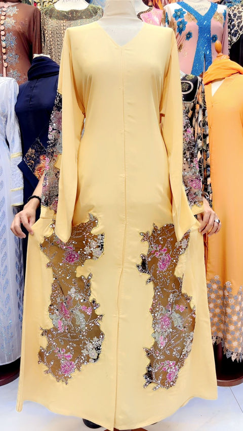 Elegant Beige Floral Embroidered Long Dress