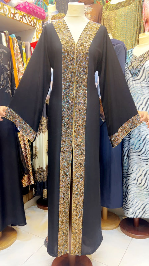 Elegant Black Abaya with Gold Rhinestone Embellishments