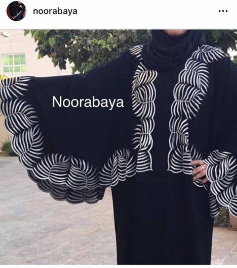 Black Abaya with White Leaf Pattern Detailing