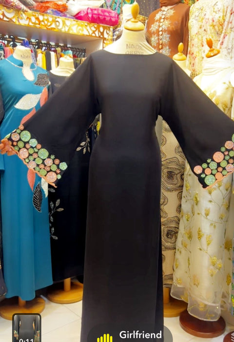 Elegant Black Maxi Dress with Embroidered Bell Sleeves